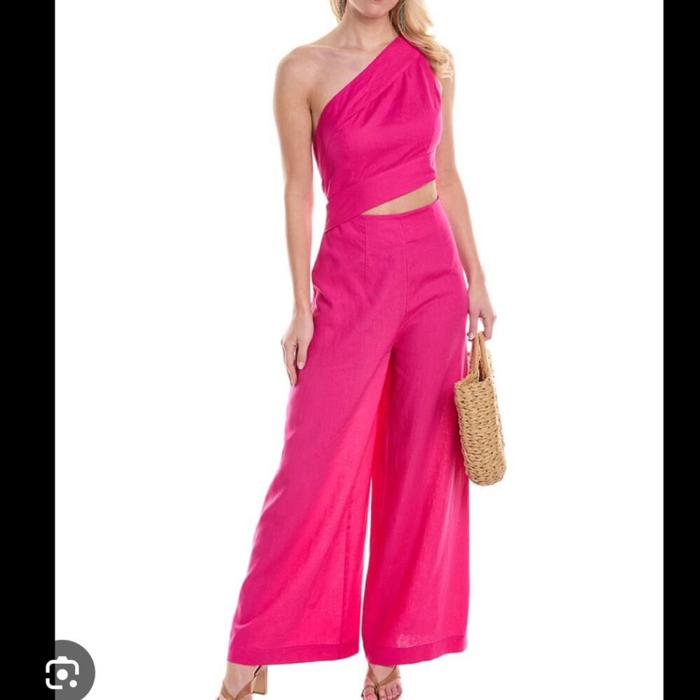 FARM Rio Pink Linen Blend Asymmetrical Jumpsuit with Cutout